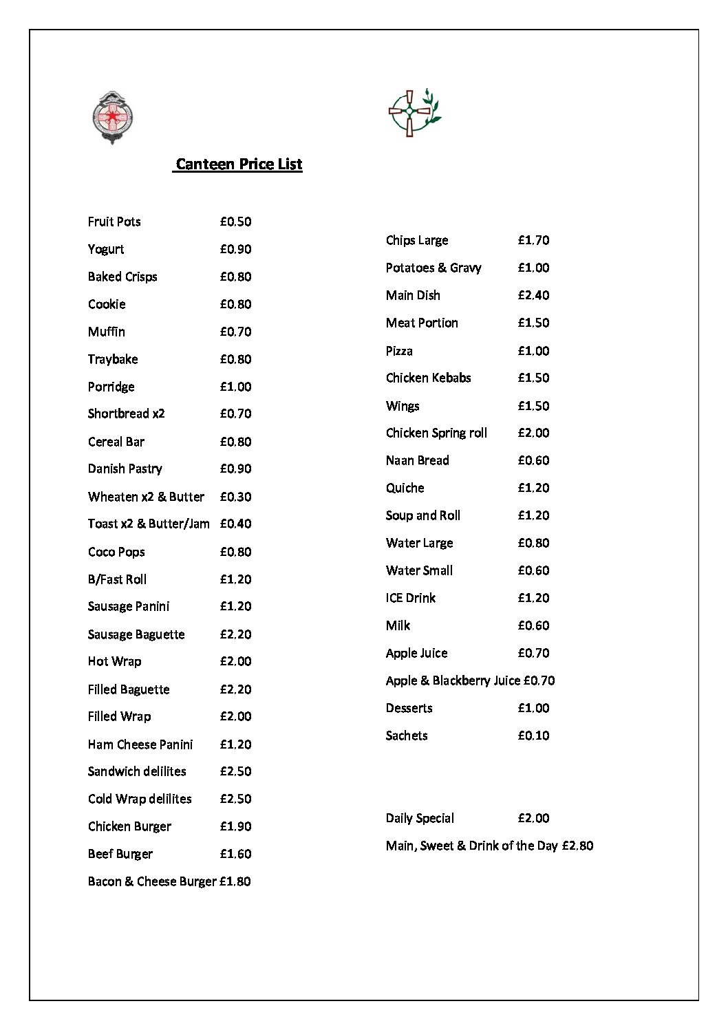 Canteen Price List Abbey CBS Grammar School Newry