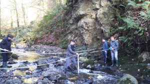 Geography pupils taking measurements at river