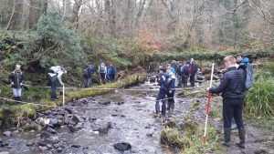 Geography pupils taking measurements at river