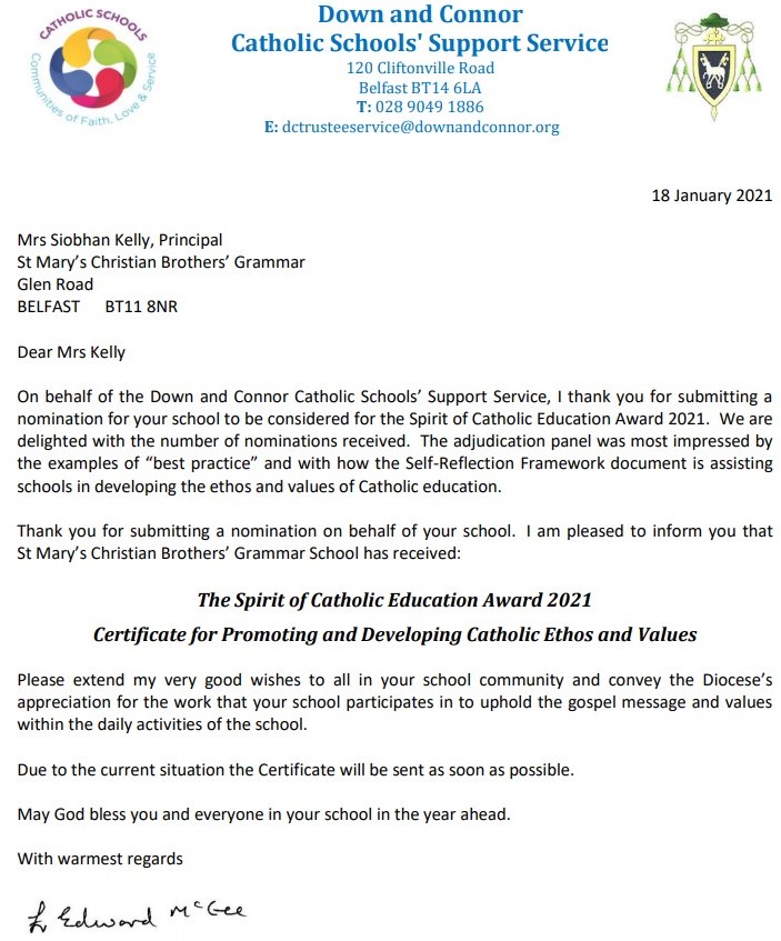 Spirit of Catholic Education Award 2021 St Mary's CBGS Belfast