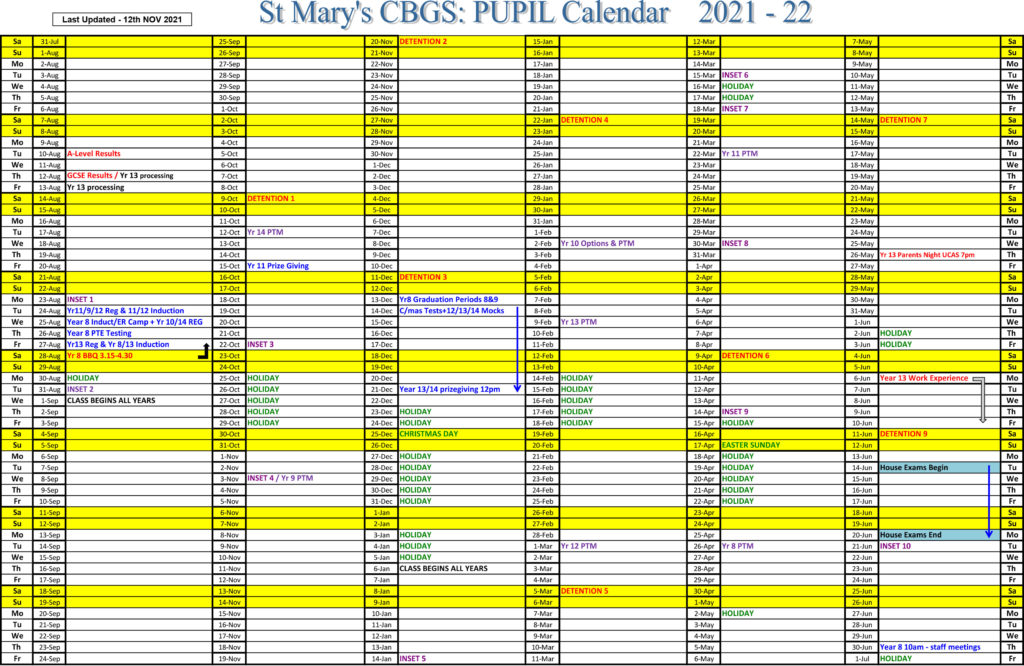 School Calendar - St Mary's Cbgs Belfast