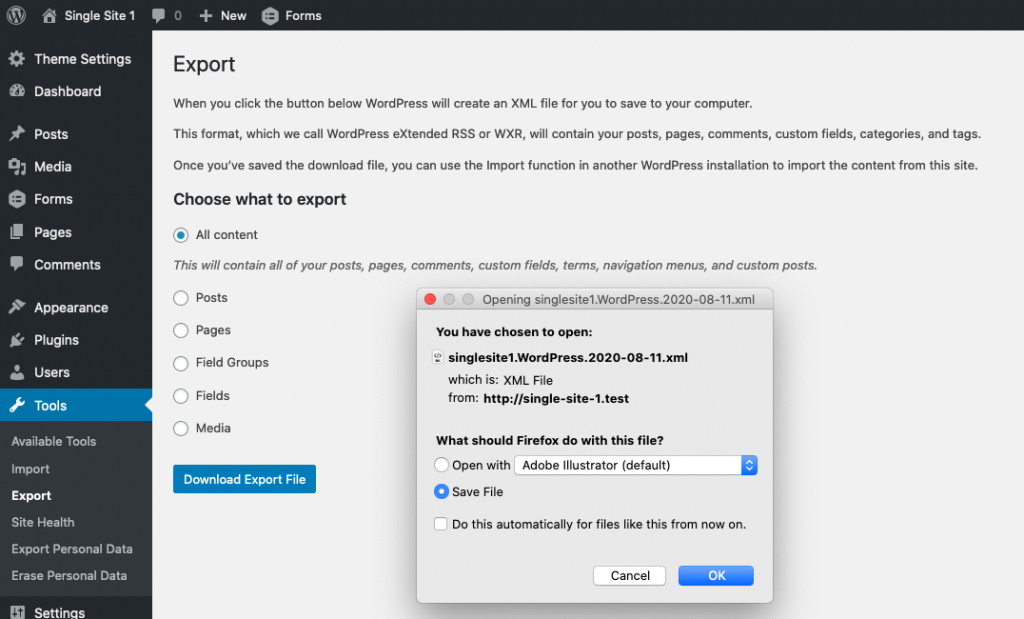 Export posts from single sites